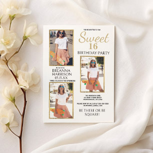 Invitation Glam Simple Elegant White Gold Photo Sweet 16