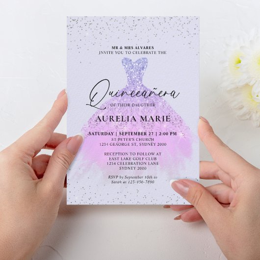 Invitation Glam Sparkle Gold Lilac Princesse Robe Quinceanera
