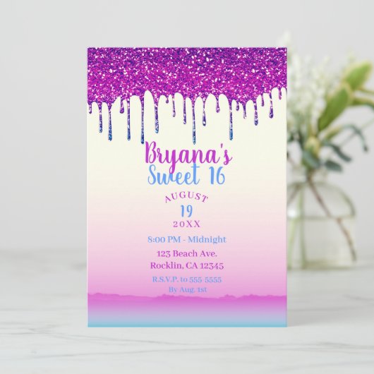 Invitation Glam Trendy Rose Parties scintillant Bleu Drip Swe (Debout devant)