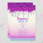 Invitation Glam Trendy Rose Parties scintillant Bleu Drip Swe (Devant / Derrière)