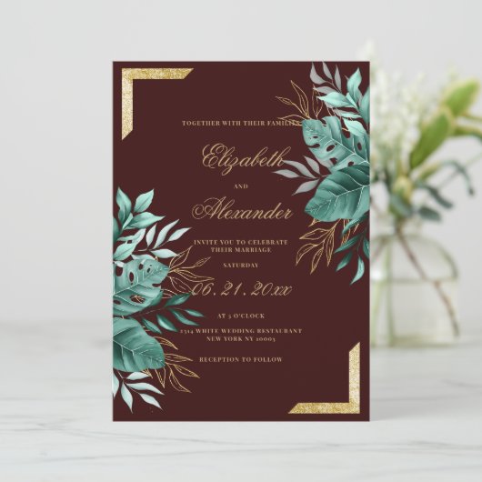 Invitation Glam tropical bordeaux or parties scintillant mari (Debout devant)
