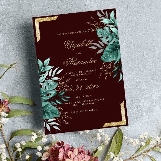 Invitation Glam tropical bordeaux or parties scintillant mari