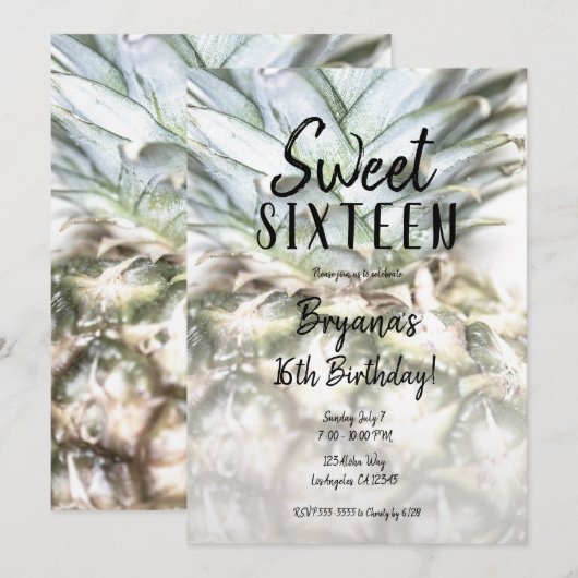 Invitation Glam Tropical Pineapple Sweet 16 Anniversaire (Devant / Derrière)