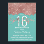 Invitation Glam Turquoise Rose or Parties scintillant couleur<br><div class="desc">Cette invitation Sweet 16, glamour et chic, est le design parfait pour un événement glitzy et moderne. Son design est composé d'une élégante et tendance feuille de parties scintillant rose or brillant imprimé, bloc de couleur découpée d'art au-dessus d'un simple arrière - plan bleu turquoise. La typographie de brosse à...</div>