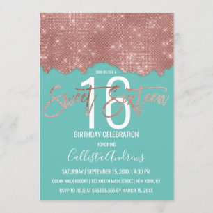 Invitation Glam Turquoise Rose or Parties scintillant couleur