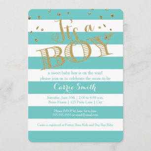 Invitation Glam Turquoise Rugby Stripe Boy Baby shower Invita