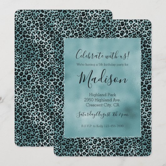 Invitation Glam Turquoise Turquoise Blue Empreinte de léopard (Devant / Derrière)