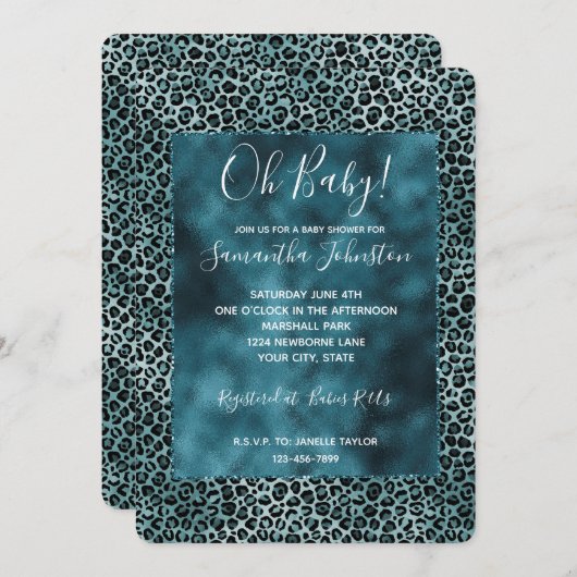 Invitation Glam Turquoise Turquoise Blue Empreinte de léopard (Devant / Derrière)