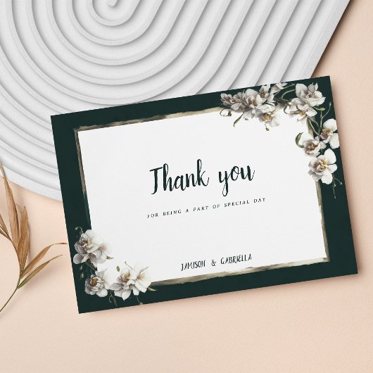 Invitation Glam vert foncé or blanc orchidée fleur Merci