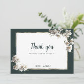 Invitation Glam vert foncé or blanc orchidée fleur Merci (Debout devant)