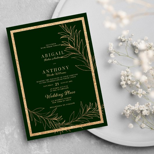 Invitation Glam vert foncé or parties scintillant feuille Mar