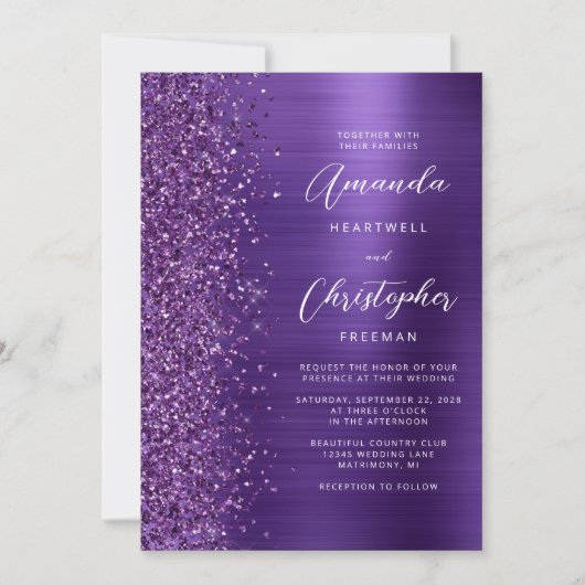 Invitation Glam violet brossé métal QR Code Mariage (Devant)