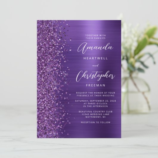 Invitation Glam violet brossé métal QR Code Mariage (Debout devant)