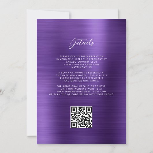 Invitation Glam violet brossé métal QR Code Mariage (Dos)