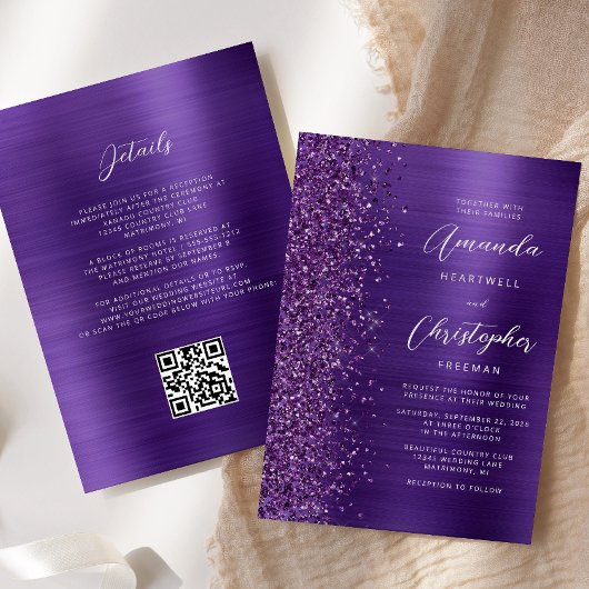 Invitation Glam violet brossé métal QR Code Mariage