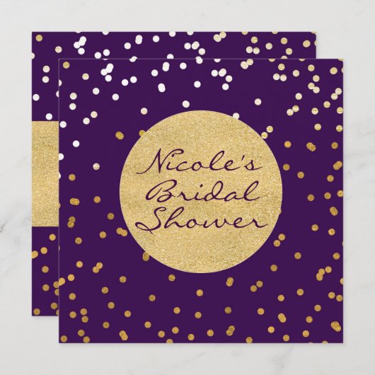 Invitation Glam violet & Dots Confetti brillants or moderne c (Devant / Derrière)