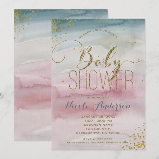 Invitation Glam Watercolor or Confetti BABY SHOWER (Devant / Derrière)