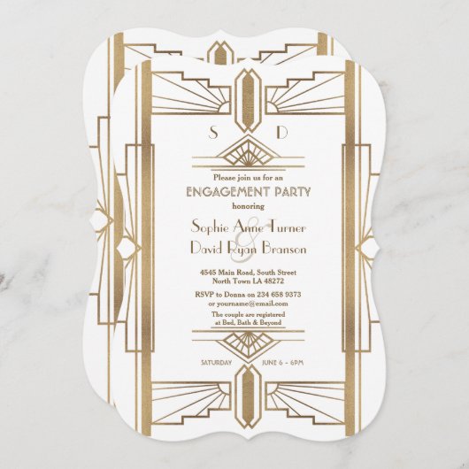 Invitation Glam White 1920 Great Gatsby Engagement Party (Devant / Derrière)
