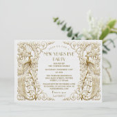 Invitation Glam White Gold Art Déco Peacocks Nouvel An (Debout devant)