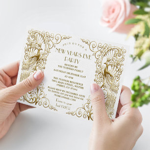 Invitation Glam White Gold Art Déco Peacocks Nouvel An