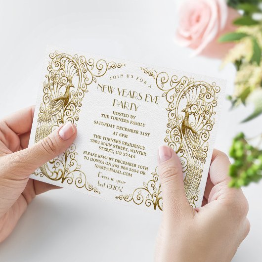 Invitation Glam White Gold Art Déco Peacocks Nouvel An