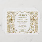 Invitation Glam White Gold Art Deco Peacocs Bachelor Party (Devant / Derrière)