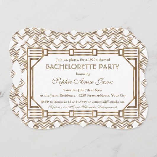 Invitation Glam White Gold Great Gatsby Bachelorette Party (Devant / Derrière)
