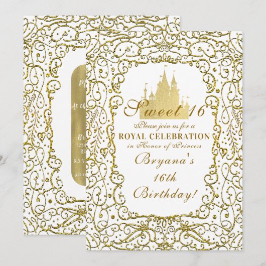Invitation Glam White & Gold Royal Castle Princess Sweet 16 (Devant / Derrière)