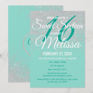 Invitation Glam White Parties scintillant Étincelles Turquois