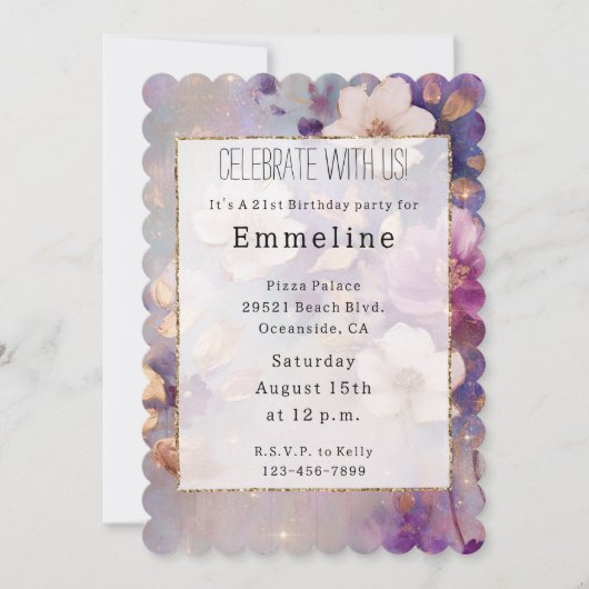 Invitation Glamme d'or blanc Floral violet (Devant)