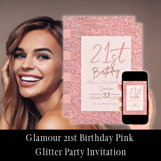 Invitation Glamor 21e anniversaire Parties scintillant rose