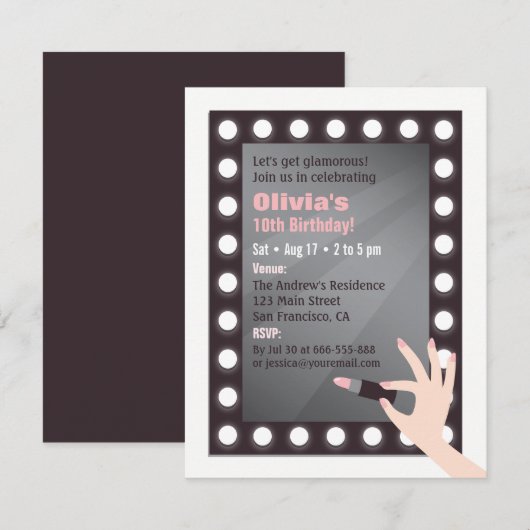 Invitation Glamor Chic Lights Makeup Girls Birthday Party (Devant / Derrière)