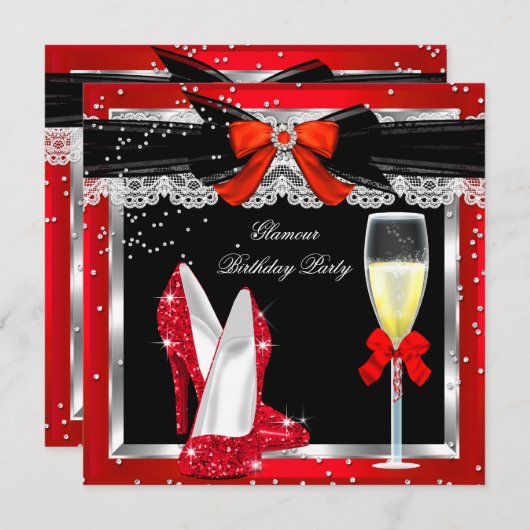 Invitation Glamor Red Parties scintillant talons Silver Champ (Devant / Derrière)