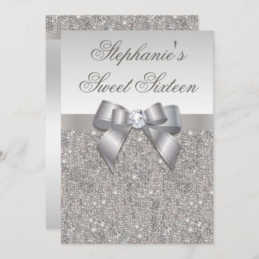 Invitation Glamorisant sucré 16 Faux Séquins d'argent et bow (Devant / Derrière)