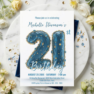 Invitation Glamorous 3D Blue Gold Gemstone 21st Birthday