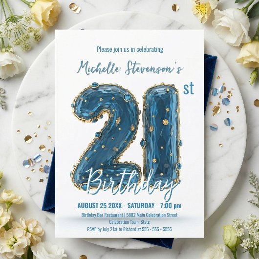 Invitation Glamorous 3D Blue Gold Gemstone 21st Birthday