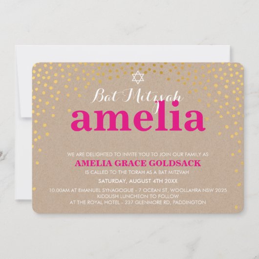 Invitation GLAMOROUS BAT MITZVAH rustique confetti d'or kraft (Devant)
