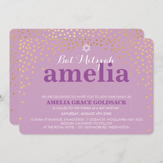 Invitation GLAMOROUS BAT MITZVAH rustique confetti d'or viole (Devant / Derrière)