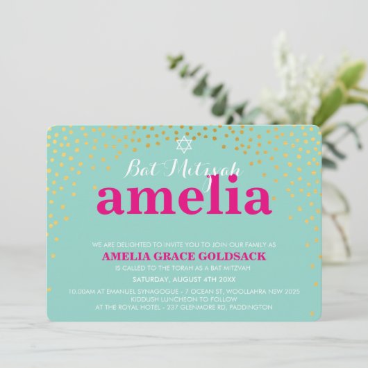 Invitation GLAMOROUS BAT MITZVAH rustique confetti menthe d'o (Debout devant)