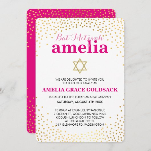 Invitation GLAMOROUS BAT MITZVAH rustique en or confetti rose (Devant / Derrière)