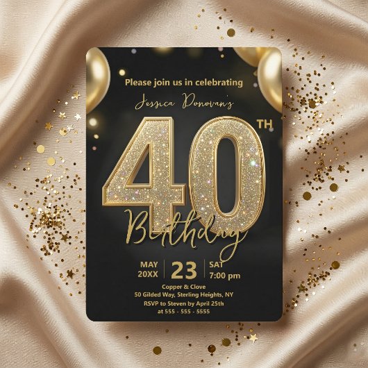 Invitation Glamorous Black Gold Glitter 40th Birthday Party