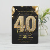 Invitation Glamorous Black Gold Glitter 40th Birthday Party (Debout devant)
