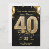 Invitation Glamorous Black Gold Glitter 40th Birthday Party (Devant)