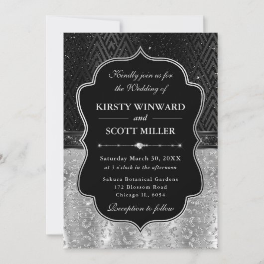 Invitation Glamorous Black Silver Leopard Spots Wedding (Devant)