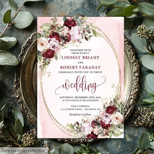 Invitation Glamorous Boho Burgundy Blush Gold Roses Wedding 