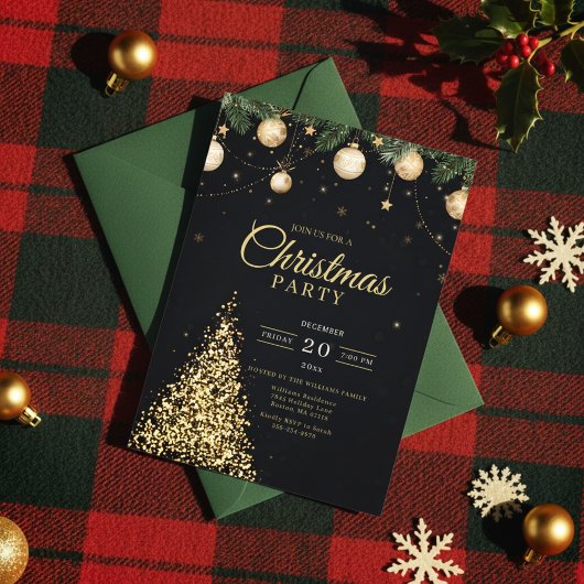 Invitation Glamorous Gold Christmas Tree Party Invite