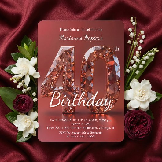 Invitation Glamorous Rose Gold Gemstone 40th Birthday