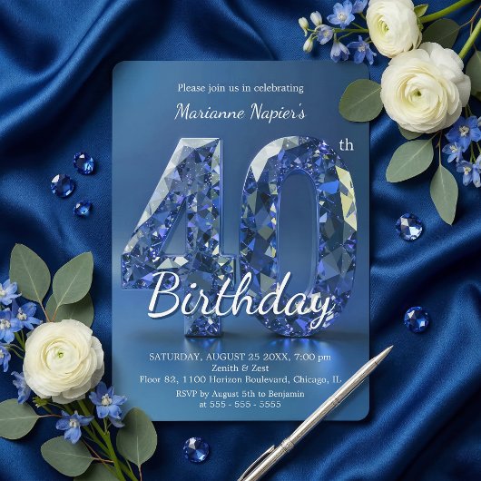 Invitation Glamorous Sapphire Blue Diamond 40th Birthday