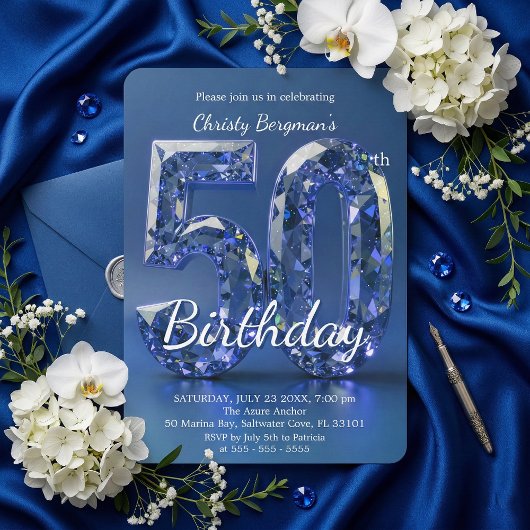 Invitation Glamorous Sapphire Blue Diamond 50th Birthday