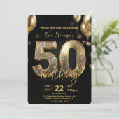 Invitation Glamorous Sparkly Black and Gold 50th Birthday (Debout devant)